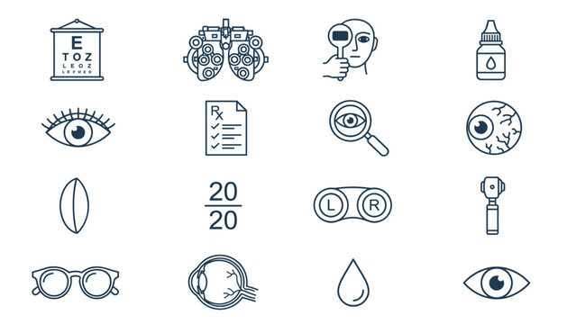Ophthalmology optometry and eye care line icon set featuring vision test chart phoropter glasses lenses drops prescription symbols