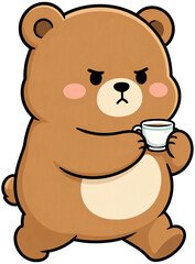 Fototapeta premium A chubby bear is holding a small teacup.