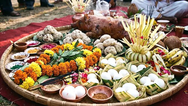 Close-up of traditional ritual offerings arranged inside a large woven bamboo tray, roasted pig, eggs, flowers, palm-leaf decorations and ceremonial food prepared for a Hindu Antyesti ceremony, Antim 
