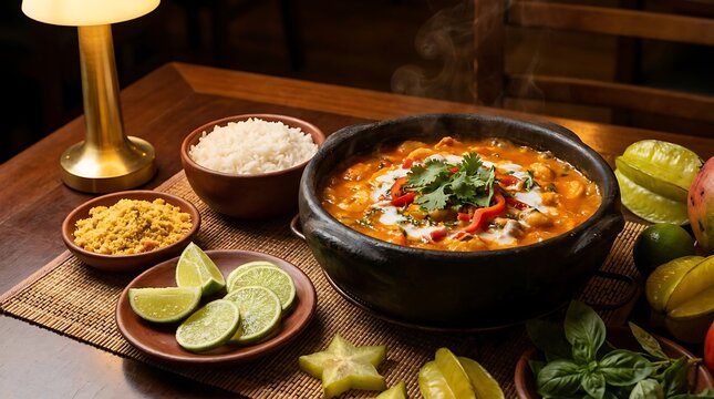 A delicious bowl of spicy thai curry with fresh lime and rice served on a wooden restaurant table. Bahian Cuisine
