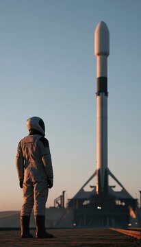 Aerospace engineer in protective suit observing reusable rocket on launch platform