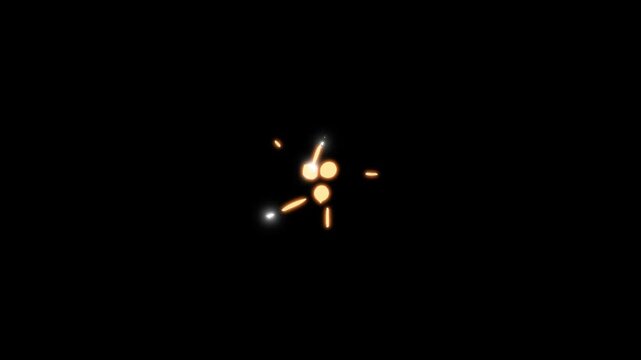 Cartoon-style flash FX explosions and sparkling starburst trails with dynamic energy bursts and thunder sparks. 2D vector animation loop on black screen for motion FX, titles, and transitions.