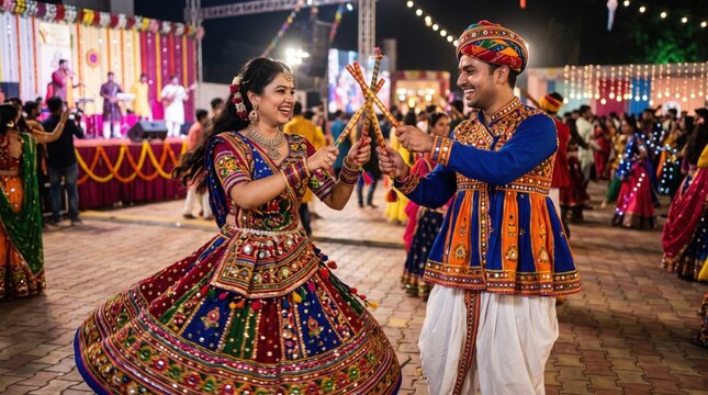 Happy couple performing garba dance during navratri festival