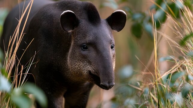A close up of a tapir in natural habitat  surrounded by tall grass and foliage  with soft lighting highlighting its dark fur and alert expression