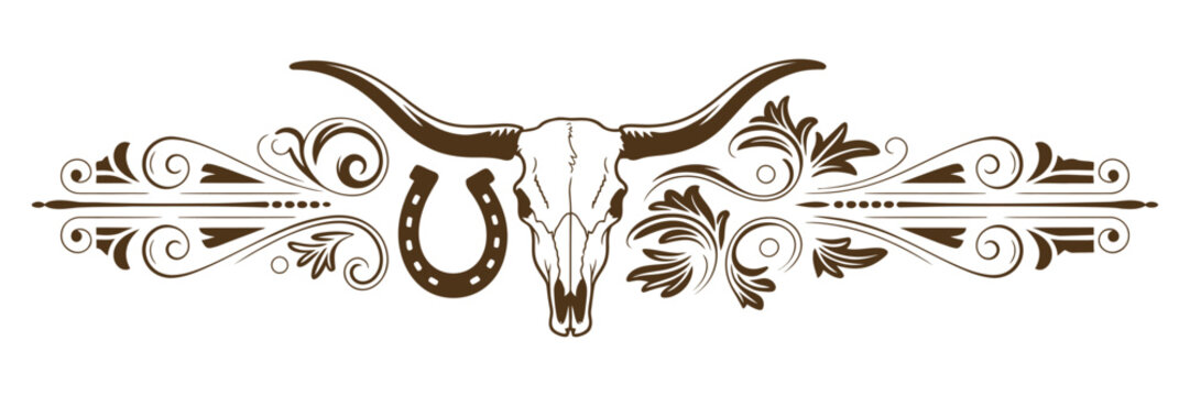 Western longhorn bull skull horseshoe vintage ornate floral border divider decorative element vector illustration isolated on white background