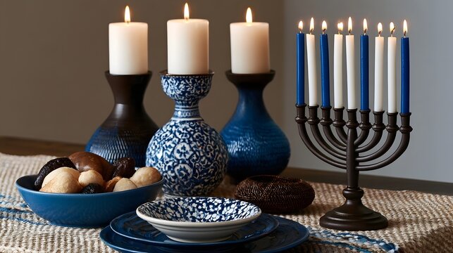 A festive table setting with a lit menorah  decorative candles  and a bowl of assorted nuts and dried fruits