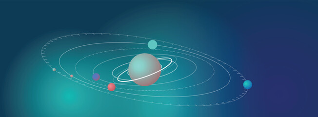 Planetary system illustration depicts a central planet with orbiting celestial bodies and orbital paths © liman