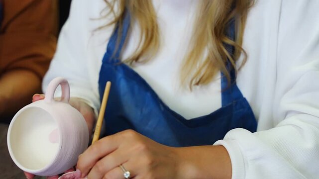 Young woman smoothing glaze on handmade ceramic mug with finger after painting. Removing air bubbles and imperfections represents finishing process in pottery craft
