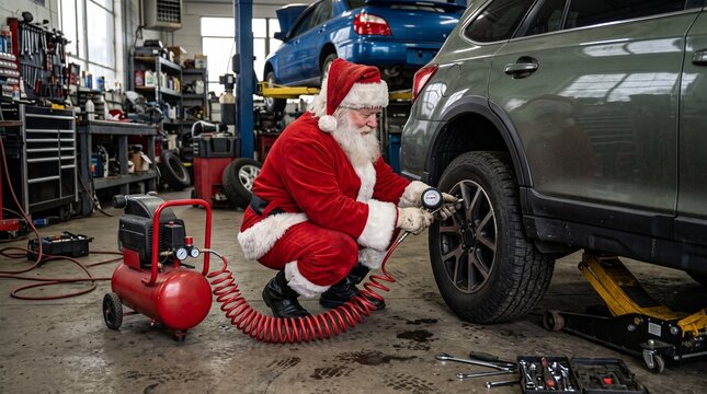 Santa Claus repairing a car tire in an auto garage workshop  