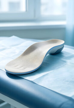Orthopedic foot care and podiatry, custom shoe insole for arch support and pain relief on medical examination table in clinic for physical therapy