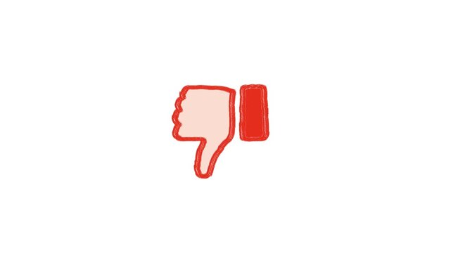 Animated sketch red thumbs down dislike icon animation on white background. Stop motion line art bad rating, negative feedback, decline, reject symbol motion graphics for social media video editing.