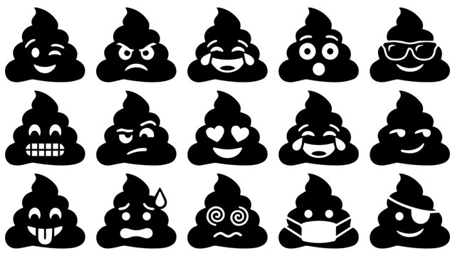 Set of black poop emoji icons with various funny facial expressions and emotions