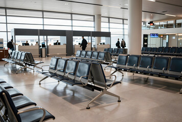 Fototapeta premium Travel delay and airport transit, empty waiting area with rows of chairs in a modern terminal building during a quiet period for business passengers