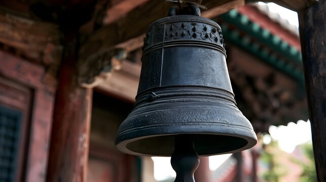Close up of an ornate traditional bell hanging from wooden beams in a heritage style structure with textured surface and intricate carvings