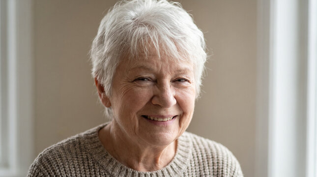Close-Up Portrait of Older Woman with Short White Hair Smiling 
