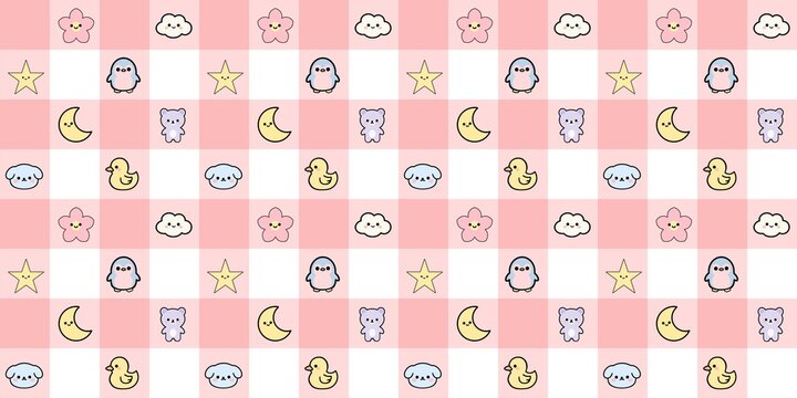 Cute kawaii animal seamless pattern on pink gingham background with penguin bear duck flower cloud star and moon for kids nursery wallpaper textile wrapping paper.