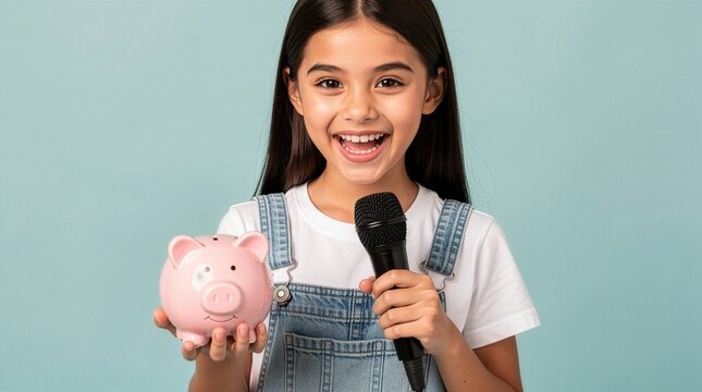 A joyful smiling young girl holding a pink piggy bank and talking into a microphone, conceptualizing financial education for kids, singing, or broadcasting, isolated on light blue background.