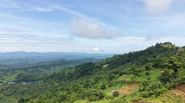 High altitude panoramic view of Boga Lake and hills