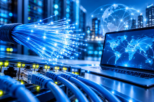 Fiber optic cables glowing with blue light connected to a server rack with a laptop displaying a global network map in a data center environment