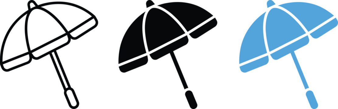 Umbrella icon set vector illustration featuring line art silhouette and flat blue design elements