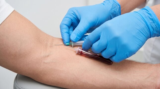 Medical professional drawing blood from patient&rsquo;s arm with gloves  