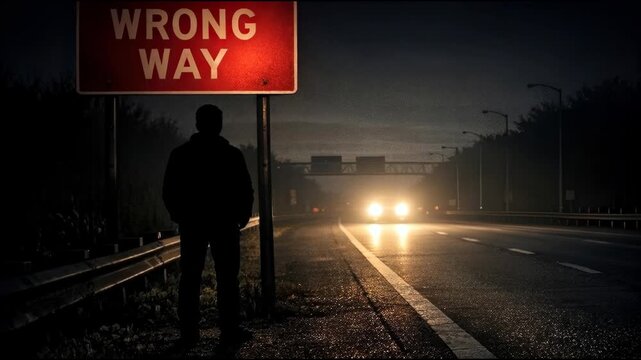 A man standing next to a wrong way sign, possibly lost or confused