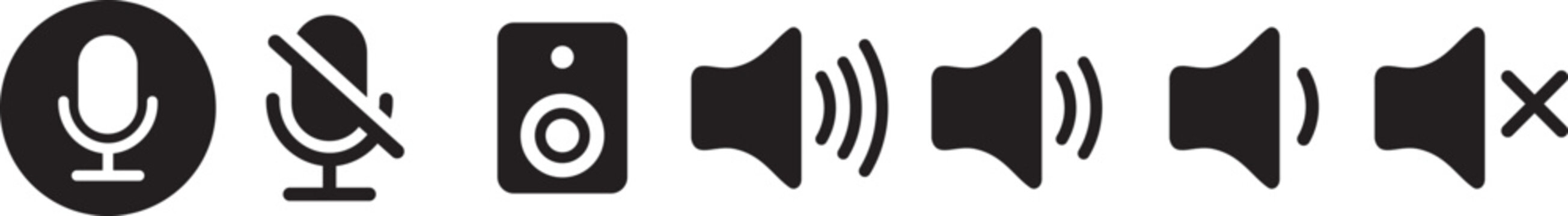 Audio icon set, solid microphone and volume symbols, speaker mute badges, and sound control elements for modern multimedia and digital interface design