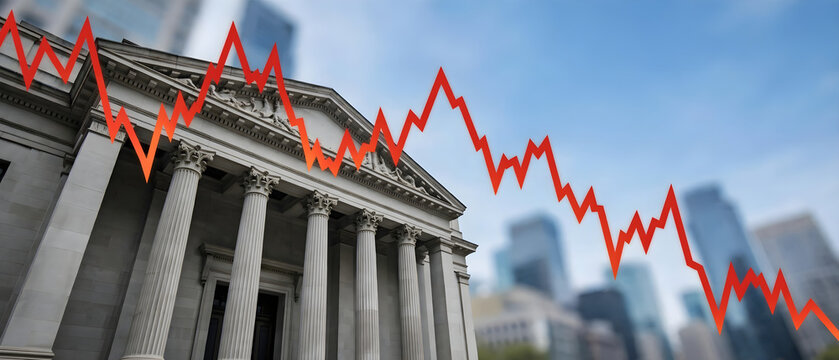 Declining financial chart concept with building background