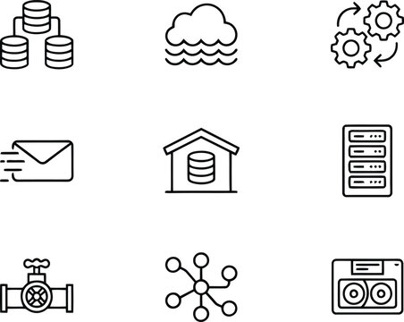 Vector illustration of cloud computing and database infrastructure line icons set featuring server network node pipeline valve mail express and processing gears symbols