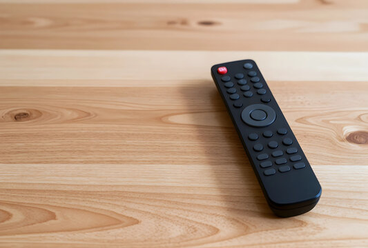 Home entertainment and media control, black remote controller on a wooden table for television and smart home device management in a living room