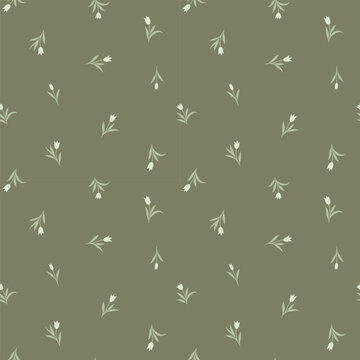 Subtle sage green floral seamless pattern with tiny white tulip buds for minimalist aesthetic wallpaper and sustainable fabric prints.