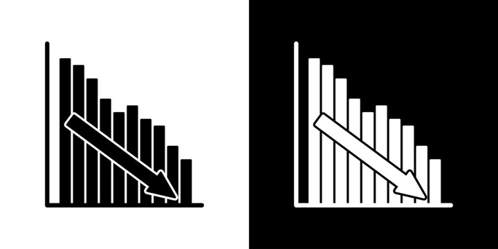Bar Chart With Downward Arrow Solid Icon Set. Economic Decline, Financial Loss, And Market Downturn Silhouette Symbol Collection. Business Analysis. Isolated Vector Illustration