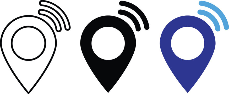 Location pin map pointer icon set with signal waves vector illustration flat design elements