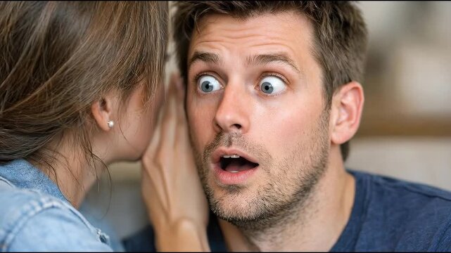 A woman whispers to a man who is surprised by her words