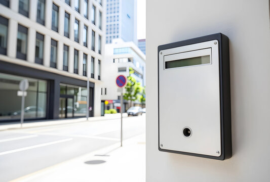 Access control and building security, modern intercom system mounted on a wall in a city street for corporate office entry and visitor management