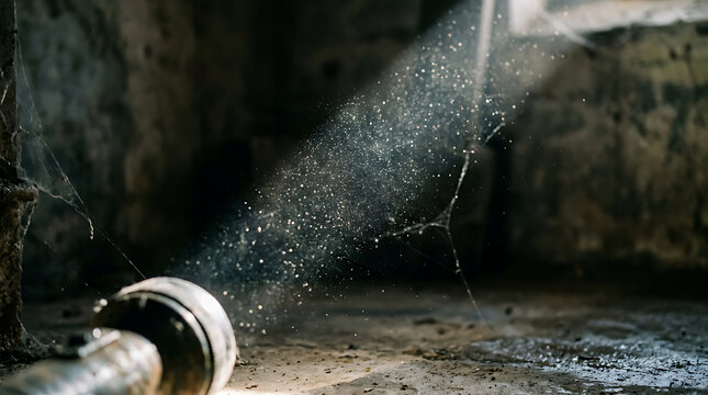 Flashlight beam illuminating floating dust motes in a dark, dusty attic