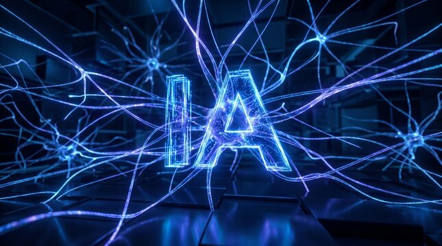 Artificial Intelligence concept with glowing neural network and IA letters in futuristic blue digital environment