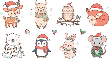 Obraz premium Kawaii Christmas winter animal vector collection featuring cute cartoon deer llama owl fox polar bear penguin rabbit and mouse in Santa hats.