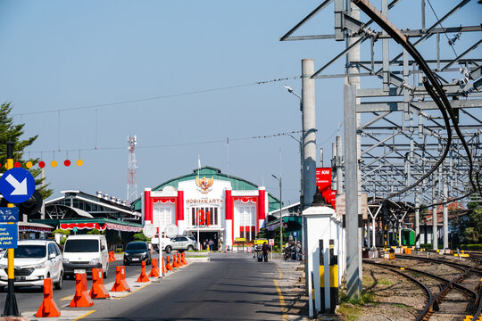 Yogyakarta, Indonesia - August 30, 2026: Historic Yogyakarta Station building facade with railway tracks infrastructure near Malioboro.