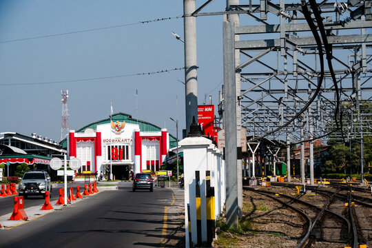 Yogyakarta, Indonesia - August 30, 2026: Historic Yogyakarta Station building facade with railway tracks infrastructure near Malioboro.