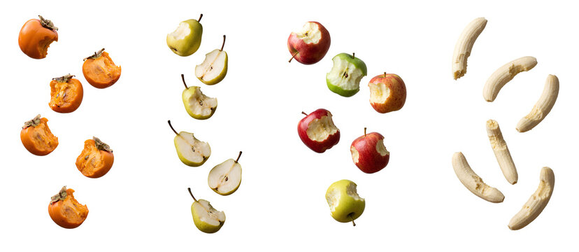 Bitten fruits including persimmons pears apples and bananas falling in mid air isolated. Half eaten organic fruit pieces flying in motion png. Healthy food scraps displaying chew marks PNG
