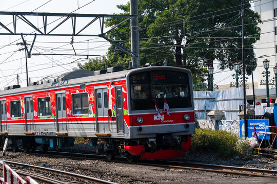 Yogyakarta, Indonesia - August 30, 2026: Front view of KAI Commuter Line JR 205 series electric train near Malioboro area.