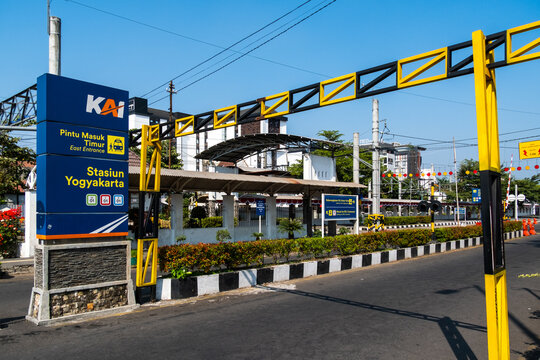 Yogyakarta, Indonesia - August 30, 2026: East entrance signage totem of Yogyakarta Station operated by PT Kereta Api Indonesia.