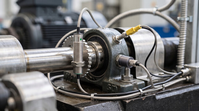 Industrial vibration sensor installed on rotating metal machinery equipment for precise condition monitoring in factory setting