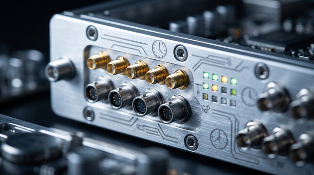 Professional timing module synchro K unit provides precise frequency control with focused, industrial, and high tech engineering aesthetic