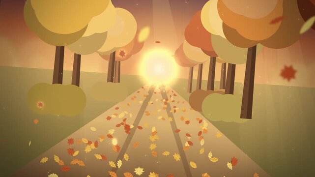 Golden forest path with glowing sun and fallen leaves seamless loop