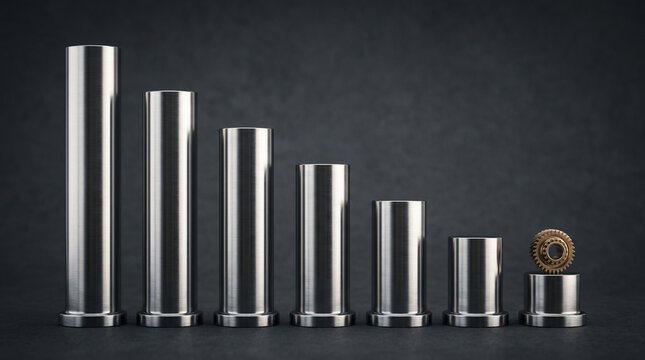 Declining metal cylinder bar chart representation showing financial loss, feeling of concern, and negative economic growth trend concept