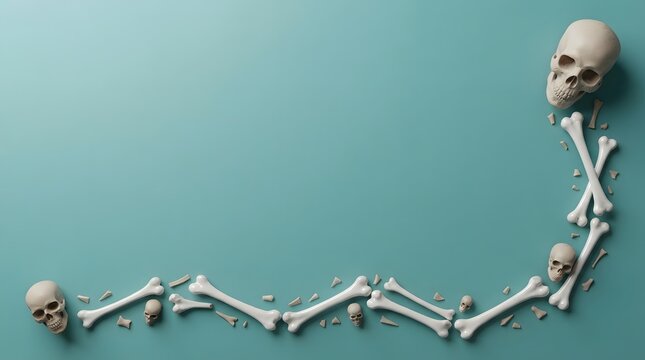 A creatively arranged skeletal arm and hand extend across a teal background evoking a playful and spooky halloween atmosphere