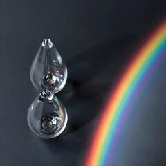 Fototapeta premium Sustainability and environmental awareness, glass water drops with rainbow light refraction on dark background for climate change and ecology concepts