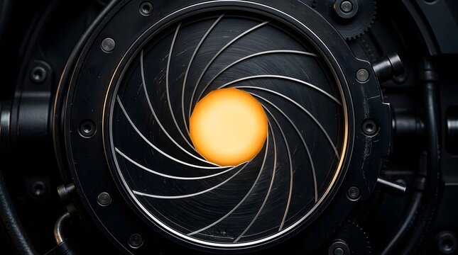 Mechanical camera aperture iris with glowing orange light source for photography optics concept.